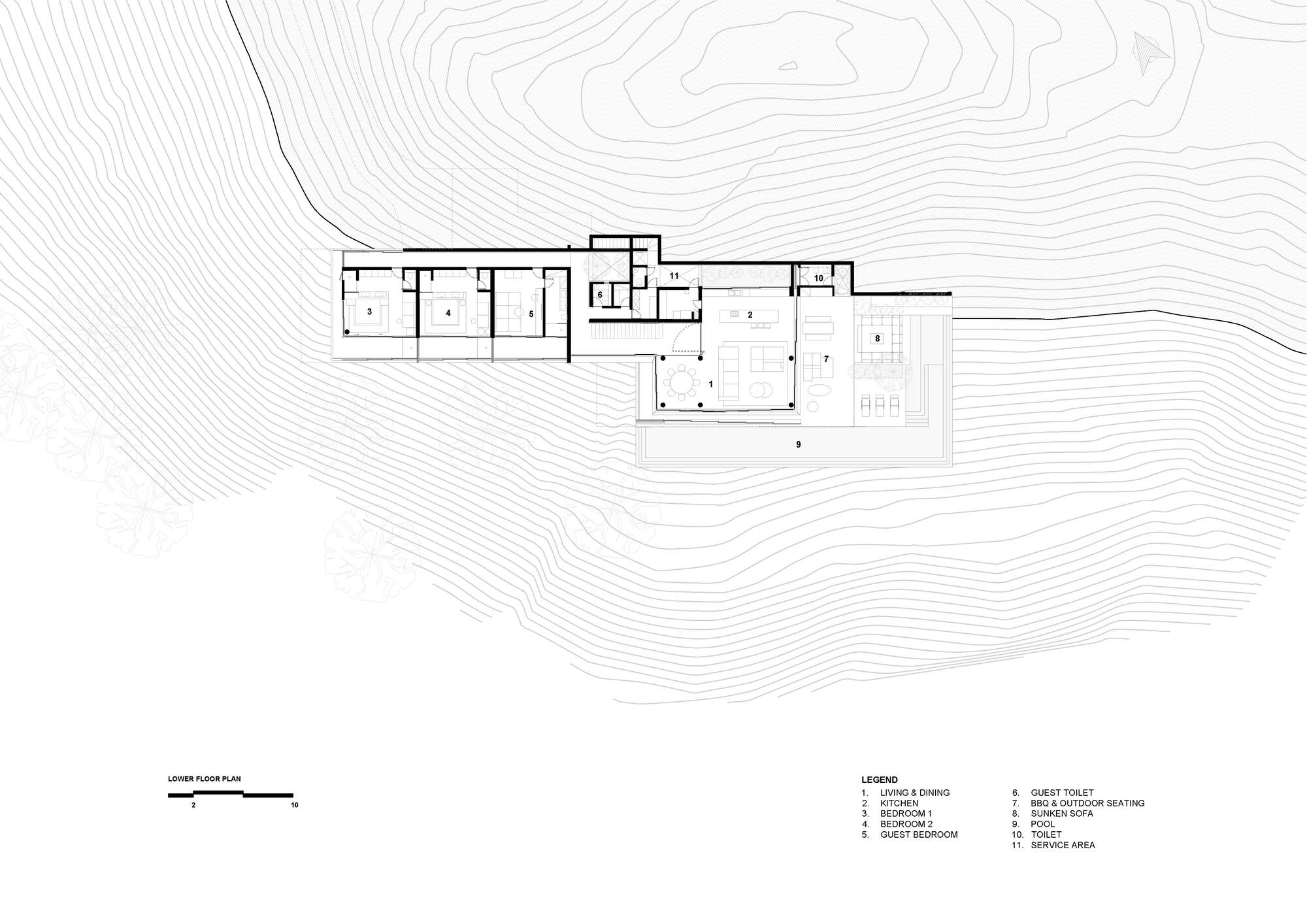 Lower floor plan drawing showing three bedrooms, living and dining, kitchen, pool and outdoor seating stepped along sloping site contours