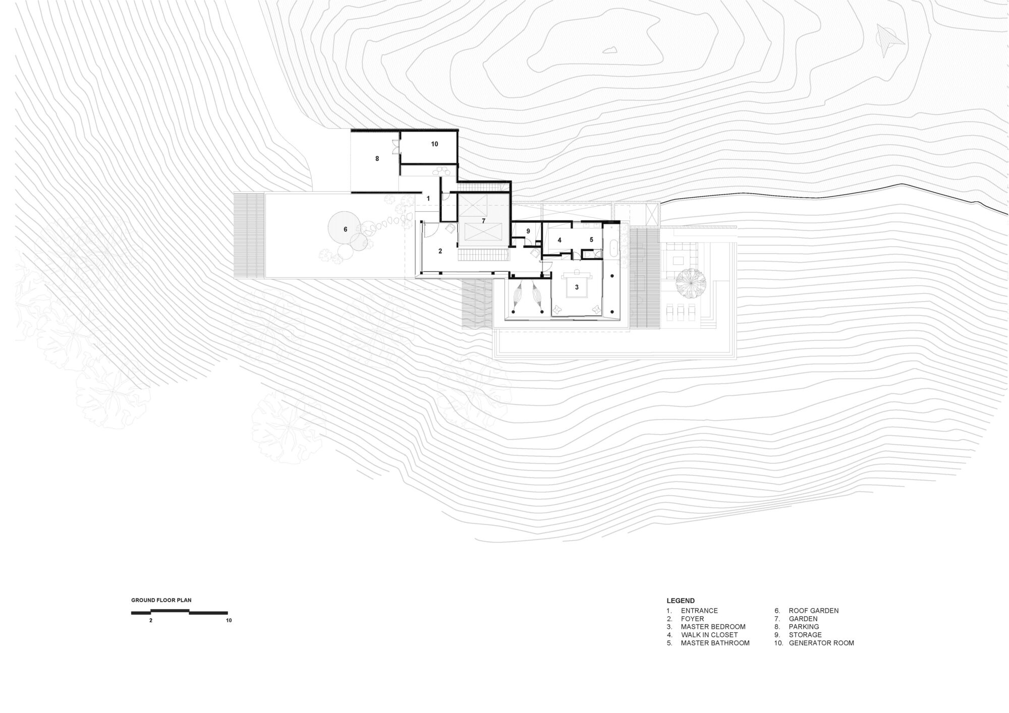 Ground floor plan drawing showing entrance, foyer, master bedroom, garage and roof garden stepped along a hillside of contour lines