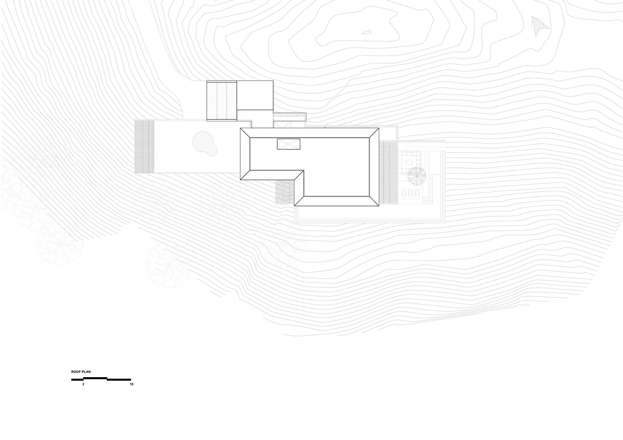 Roof plan drawing showing an L-shaped hipped roof and a planted terrace set among the contour lines of a slope