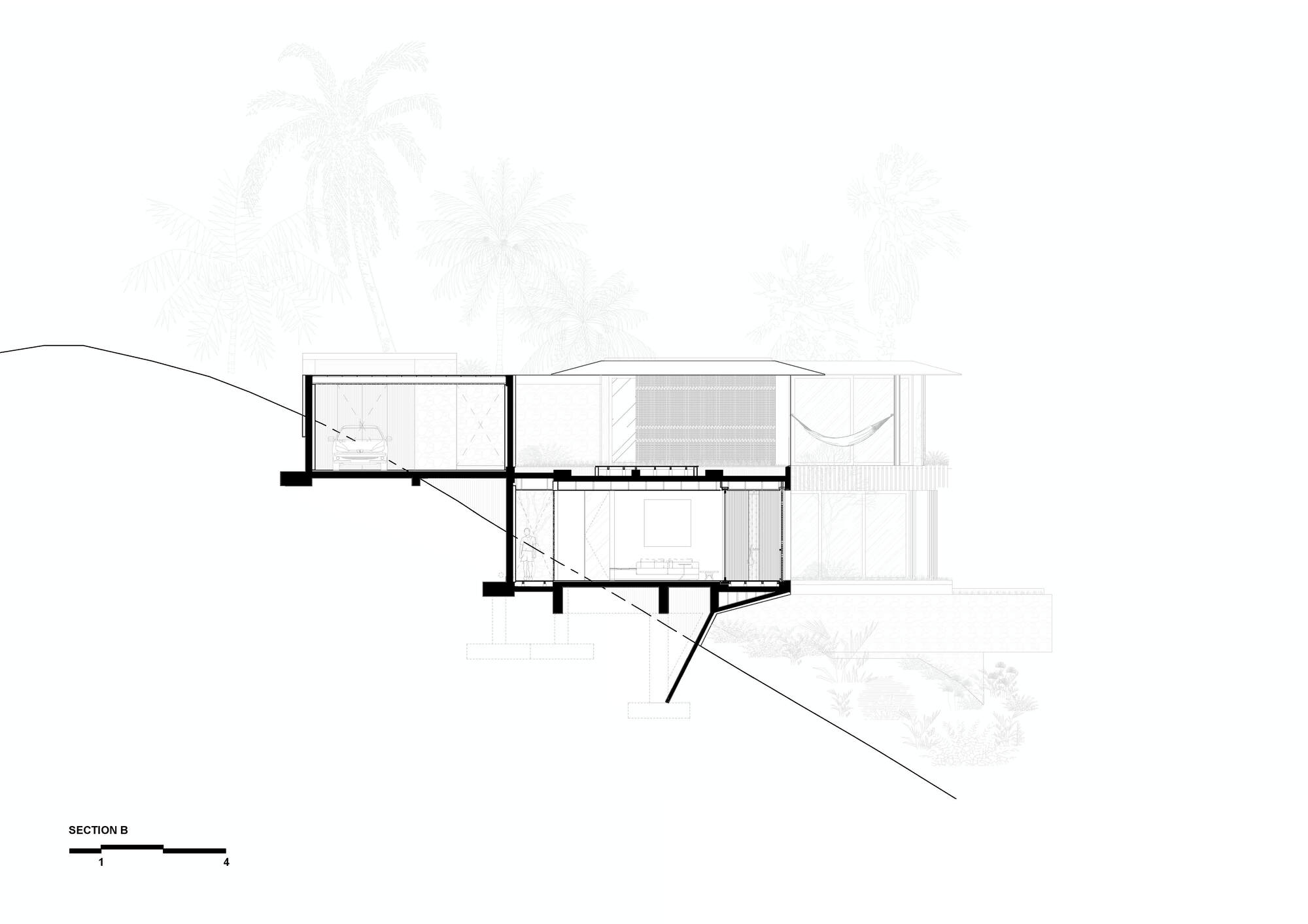 Section drawing cutting through a stepped house on a steep slope, with a car in the upper garage and palms behind
