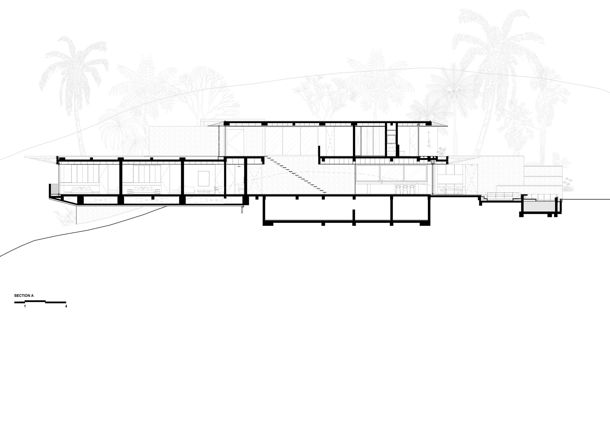 Long section drawing of a multi-level house on sloping ground, showing an internal stair, a basement volume and palm trees behind