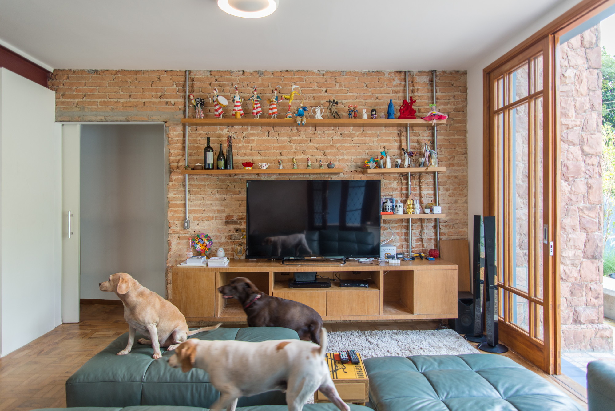 Living room brick wall with open timber shelves and a media unit, three dogs on green leather ottomans