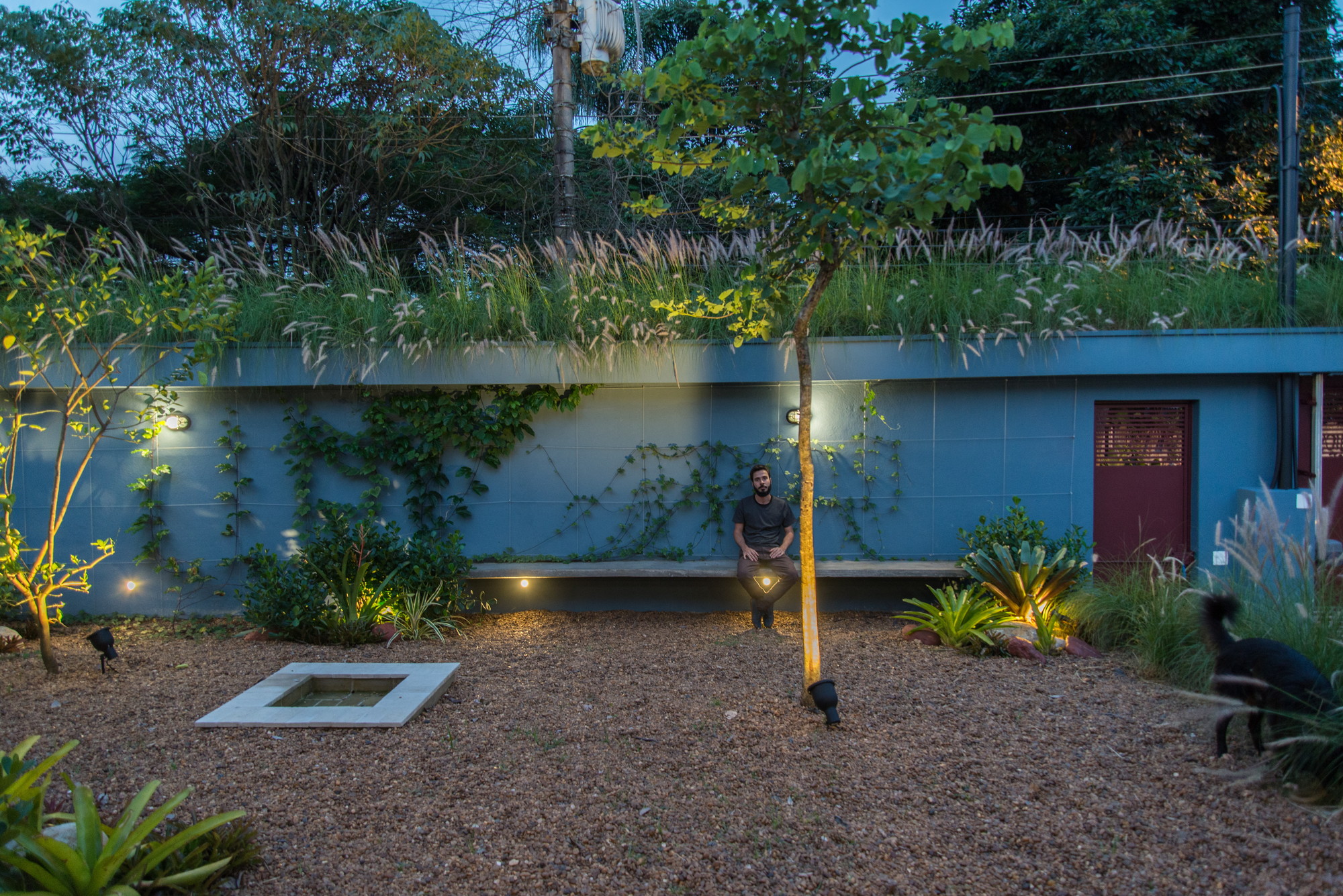 Blue garden wall topped by a planted grass roof, with a man seated on a bench at dusk