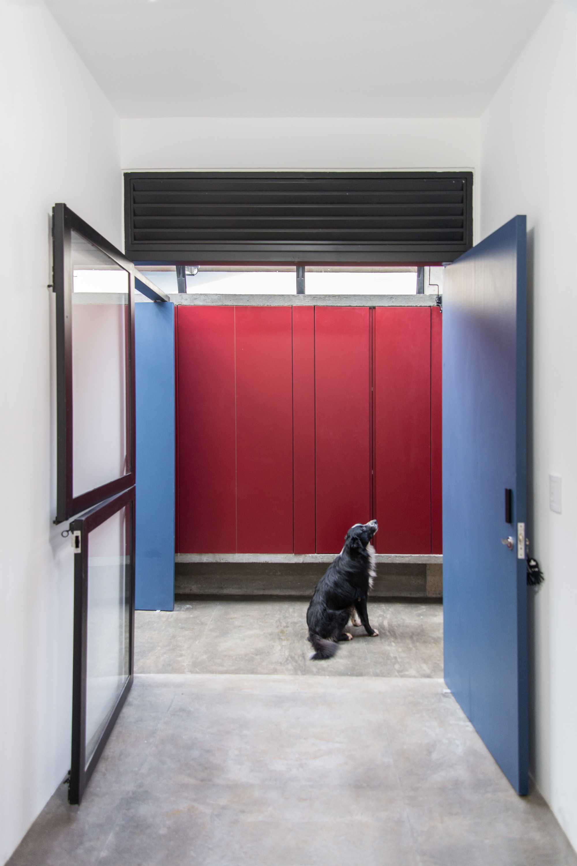 Open blue door and glazed steel door framing a red panel wall, with a black dog sitting on the concrete floor