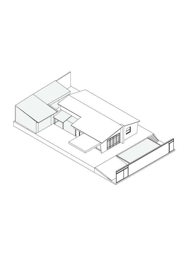 Isometric drawing of a single-storey house with pitched roofs wrapped around a courtyard, with a street wall and ramp in front
