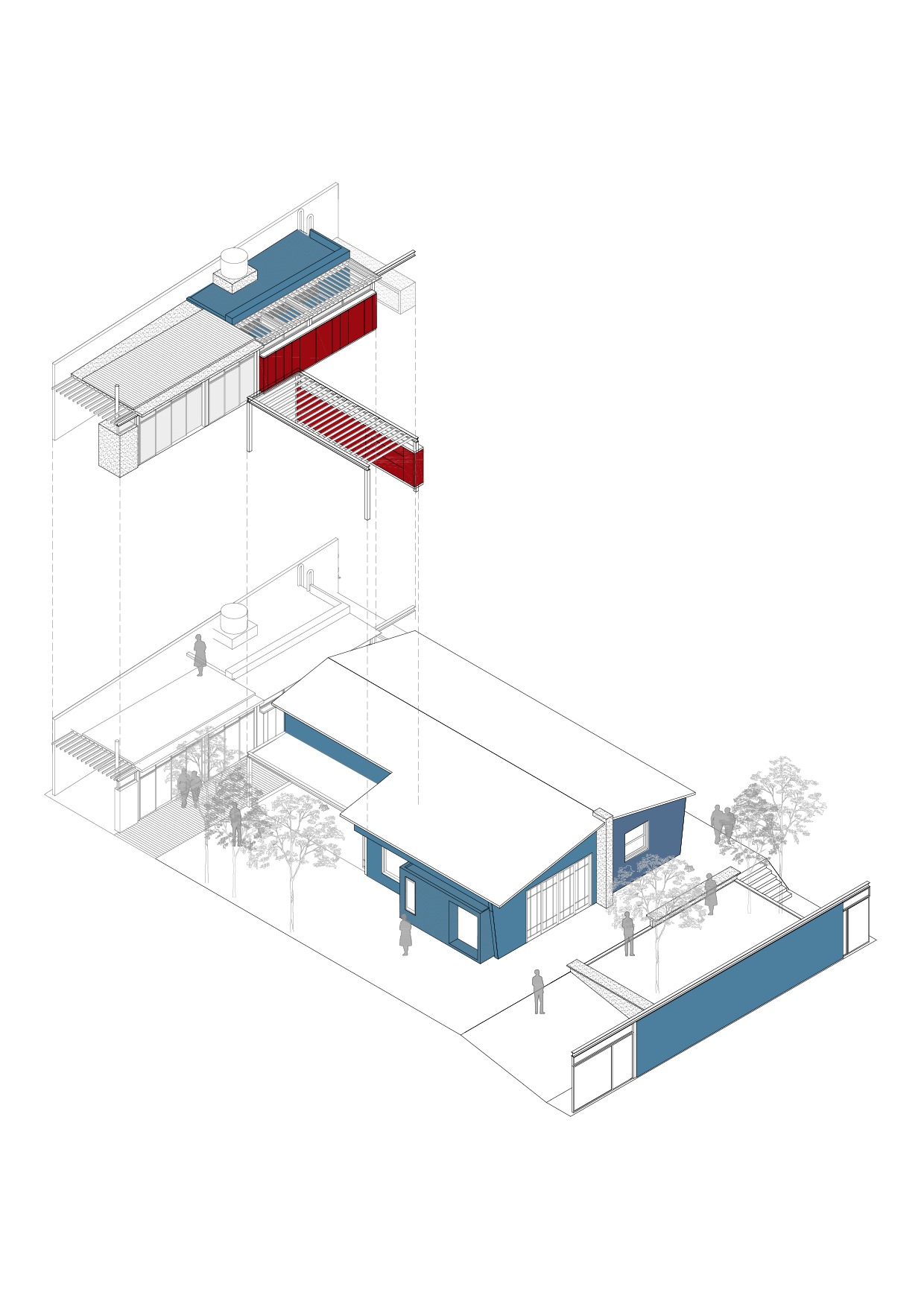 Exploded axonometric drawing separating the rear pavilion roof and red-slatted screens from the pitched-roof house, courtyard trees and street wall below