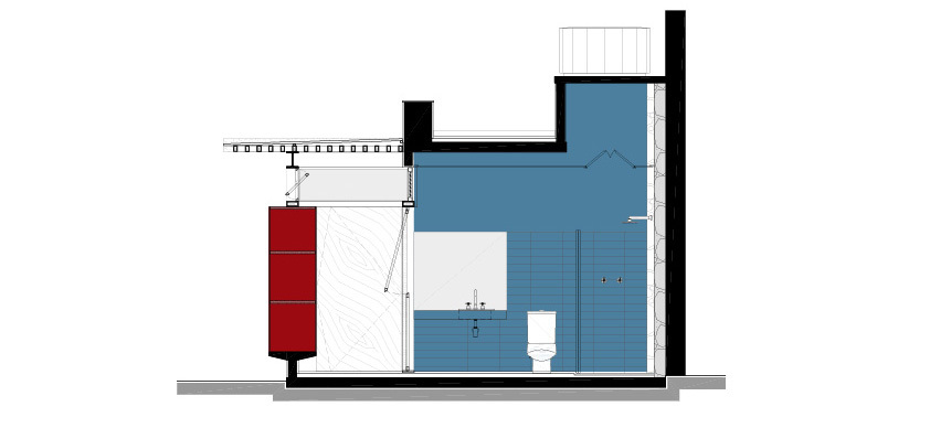 Section drawing through a bathroom with blue tiled walls, toilet, basin and shower, beside a red louvered screen under a flat roof