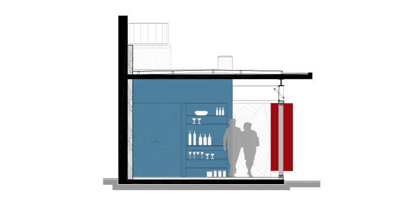 Section drawing of a blue cabinet wall with shelved glassware and two standing figures beside a hanging red panel under a thin roof slab