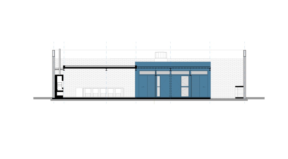 Elevation drawing of a long white brick wall with a central blue panel of sliding doors and clerestory windows