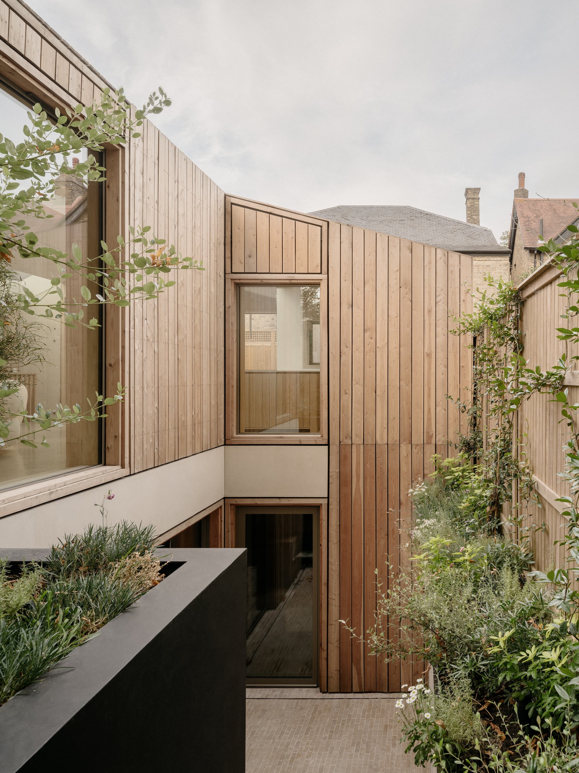Timber-clad courtyard with a black planter in the foreground and climbing plants against the fence under a pale sky