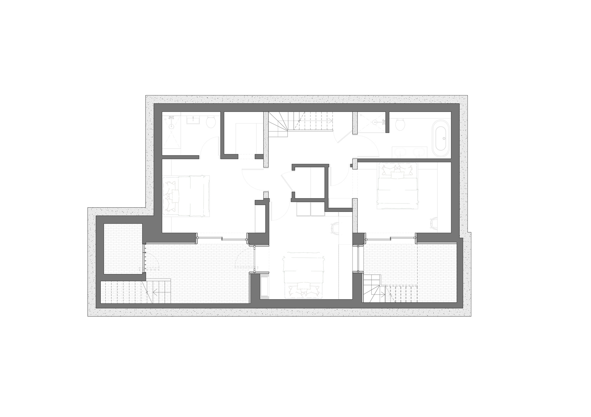 Floor plan drawing of an upper level showing three bedrooms, bathrooms, a central stair and two small terraces with steps