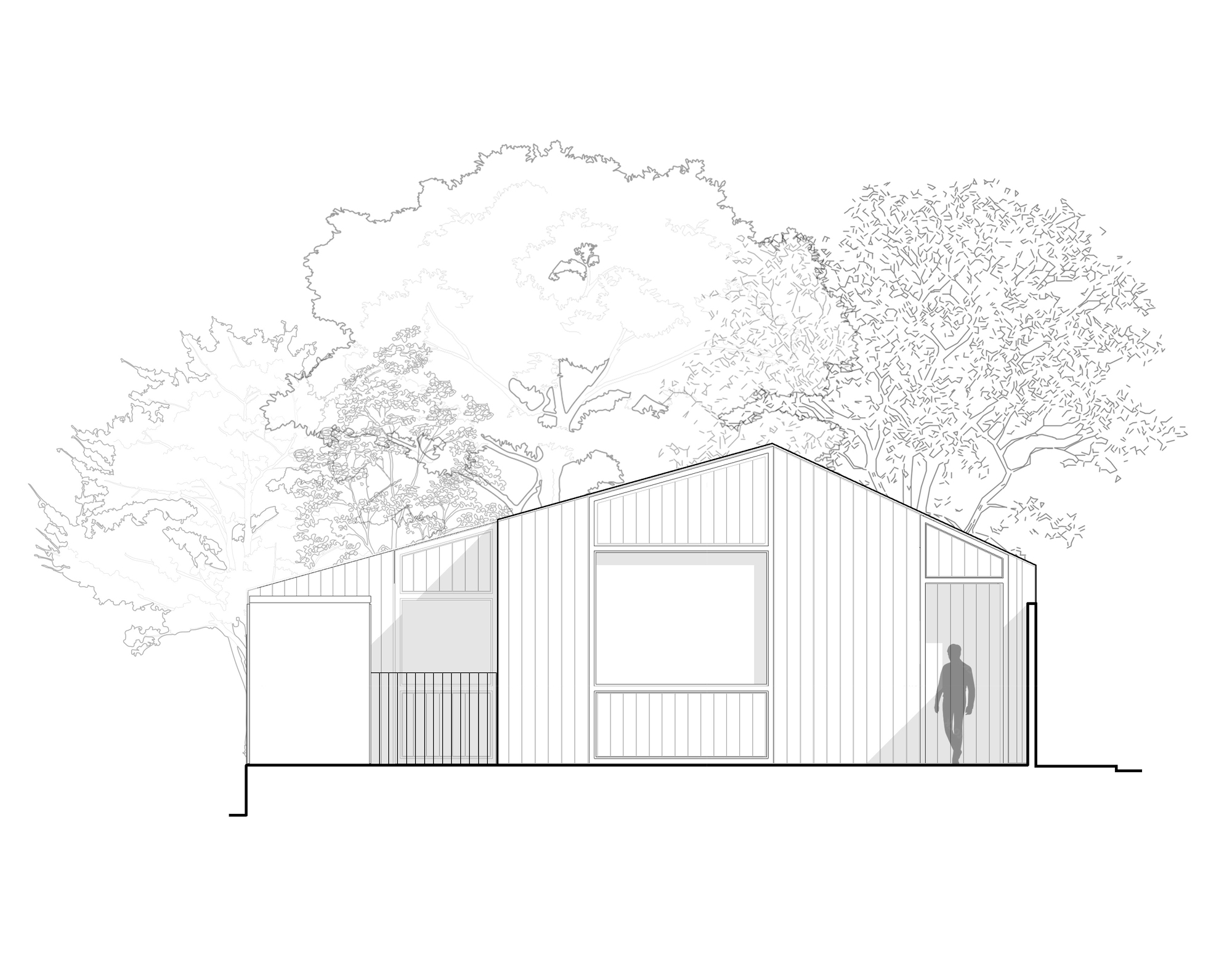 Elevation drawing of a gabled timber-clad pavilion with a large central window and a figure standing before a canopy of trees