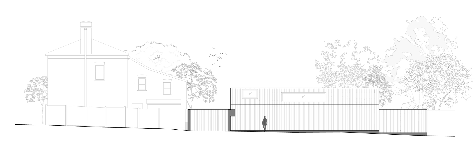 Long elevation drawing of a low clad volume beside an older house with a chimney, with birds above and a figure walking past