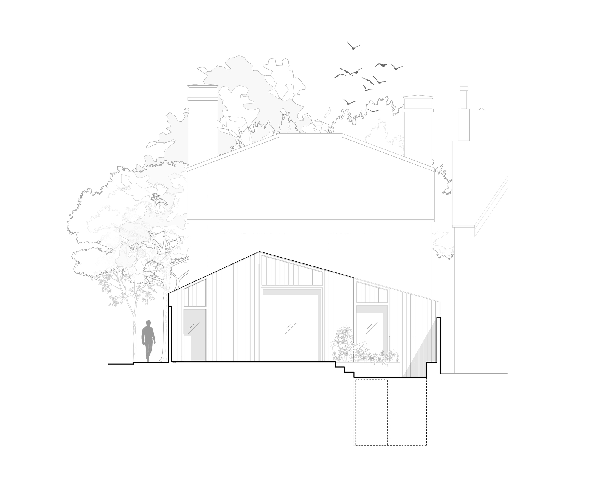 Section elevation drawing of a pitched-roof extension with a planted courtyard, set against a gabled house with two chimneys and flying birds