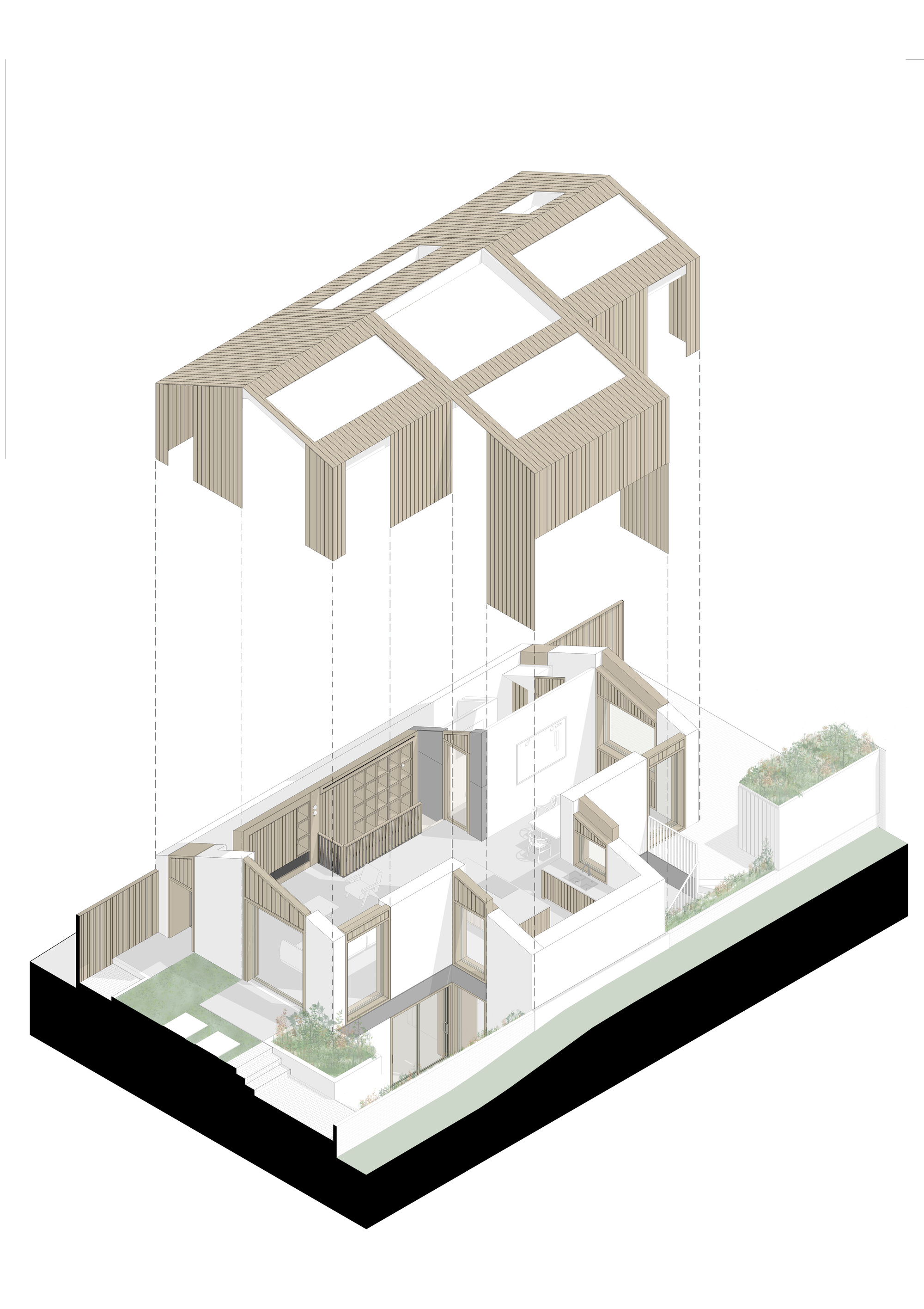Exploded axonometric drawing lifting the slatted gabled roof with its skylights off the floor plan of rooms, gardens and timber screens