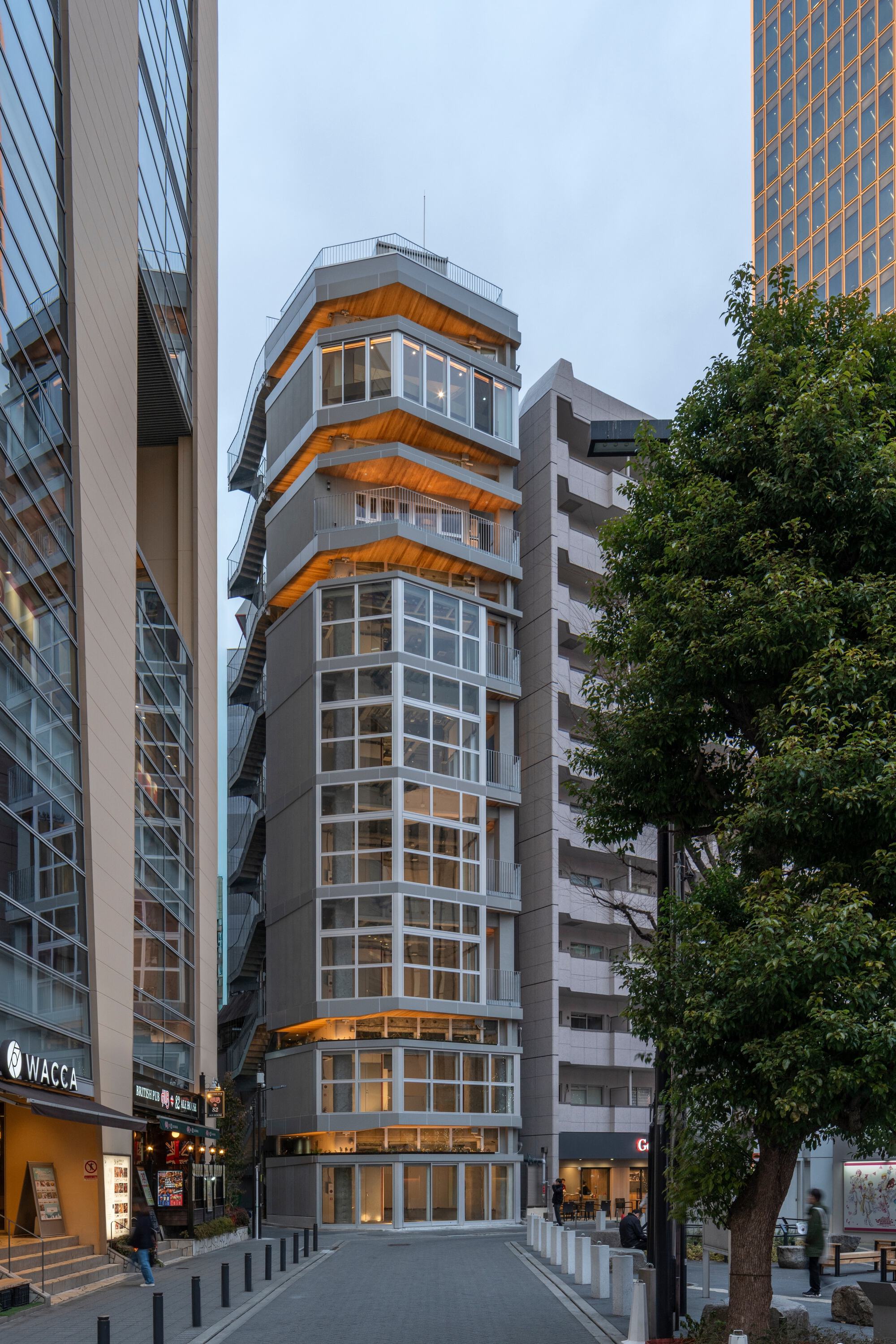 Street view of the narrow tower with stepped timber-soffit balconies and gridded glazing, seen at dusk beside a leafy tree