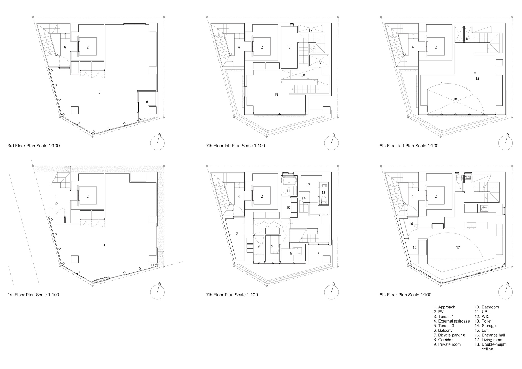 Floor plan drawing of six levels, from ground tenant space to upper residence and loft, each with a stair and core