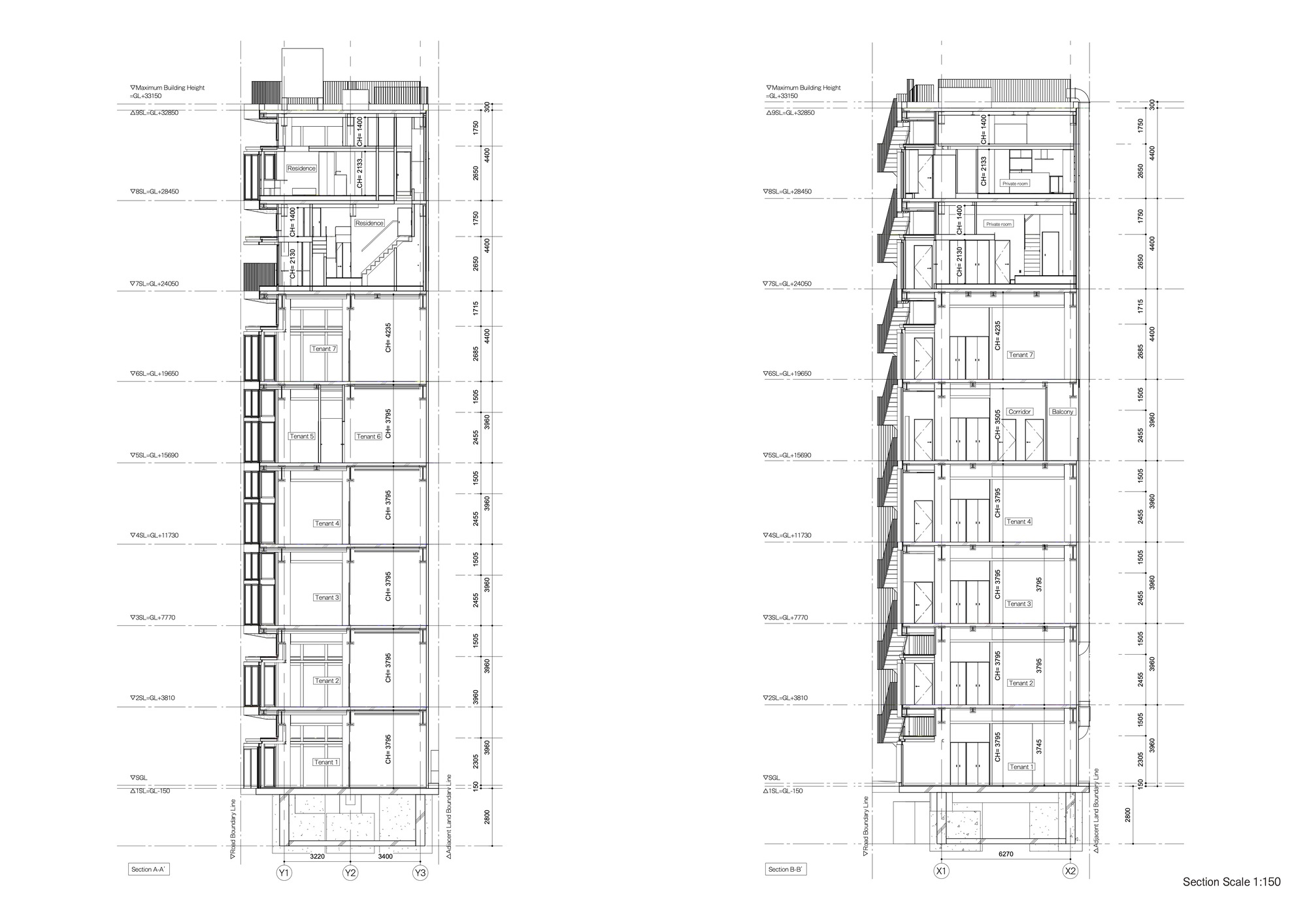 Two building section drawings showing stacked tenant floors, upper residences, floor levels and heights, and an external staircase on the side elevation