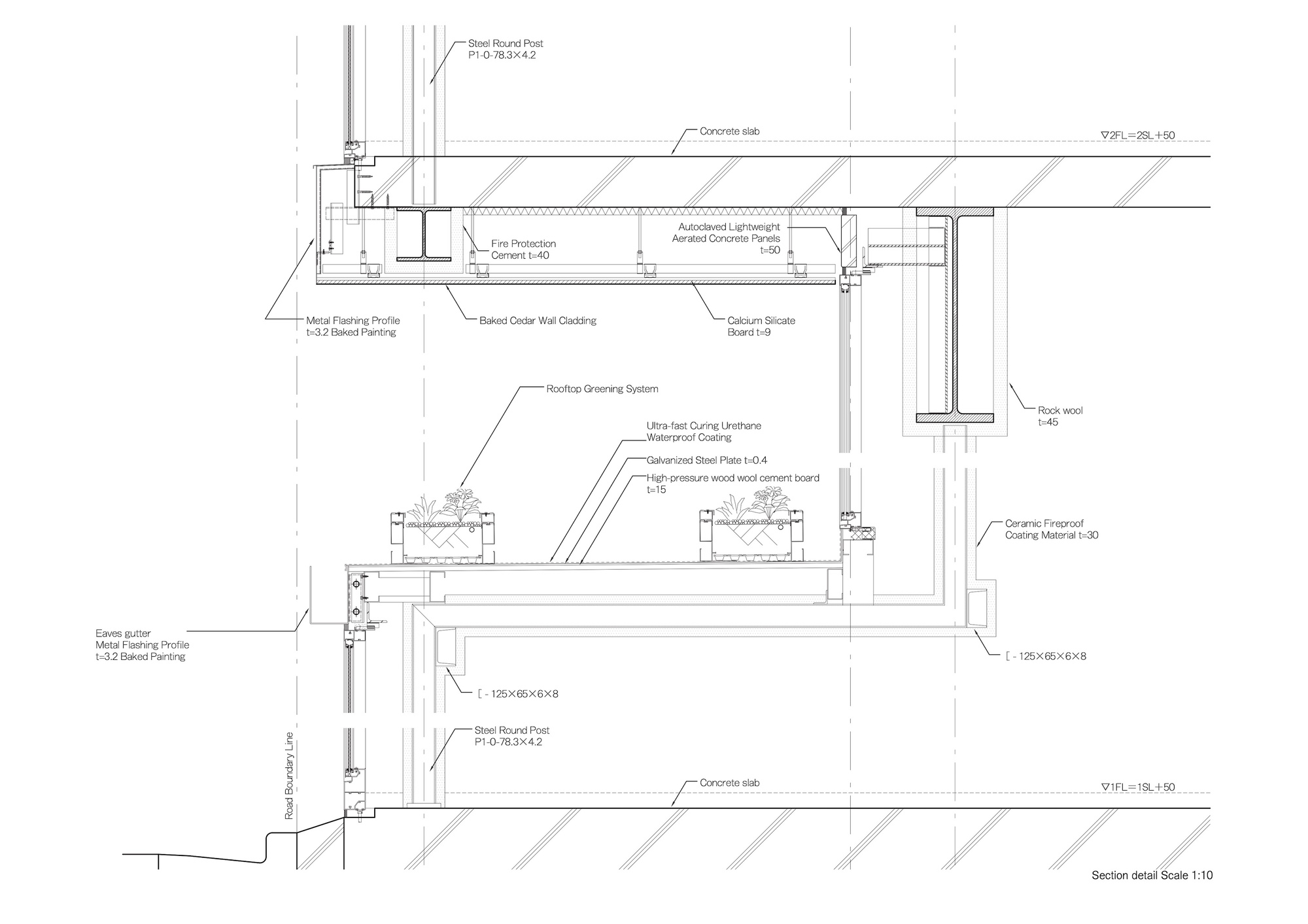 Section detail drawing at 1:10 of a floor edge with planter-topped rooftop greening, cedar cladding, steel beam and fireproof layers