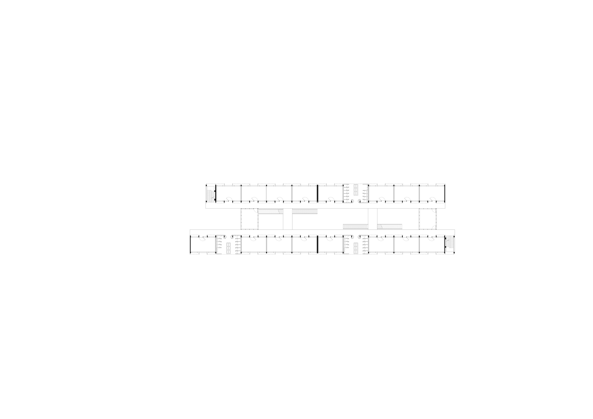 Upper floor plan drawing of two long parallel bars of repeated rooms linked by a central open passage with stair cores