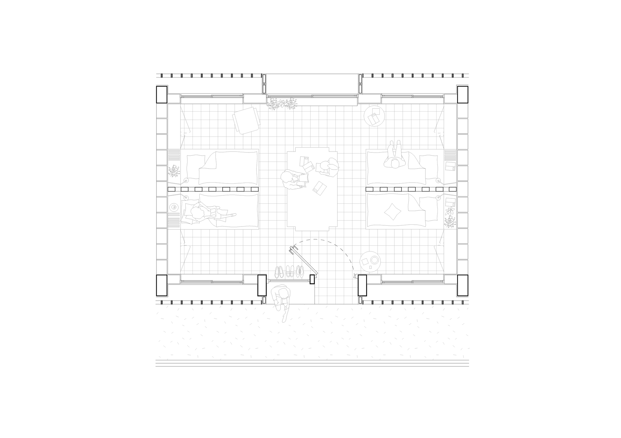 Furnished room plan drawing with four beds, a central table, a door swing and figures, bordered by columns and a gravel strip