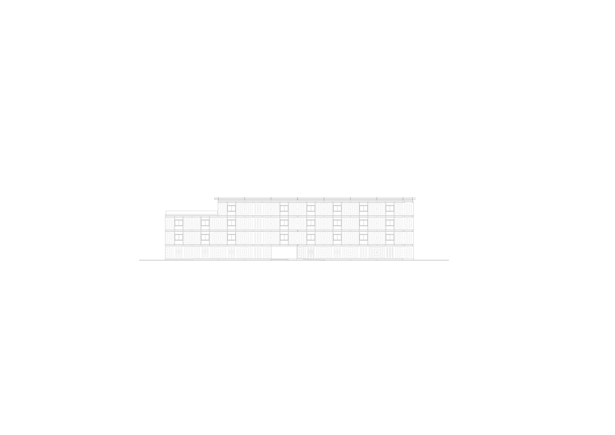 Elevation drawing of a three-storey block with a regular grid of windows, a stepped lower volume at left and a pale slatted skin