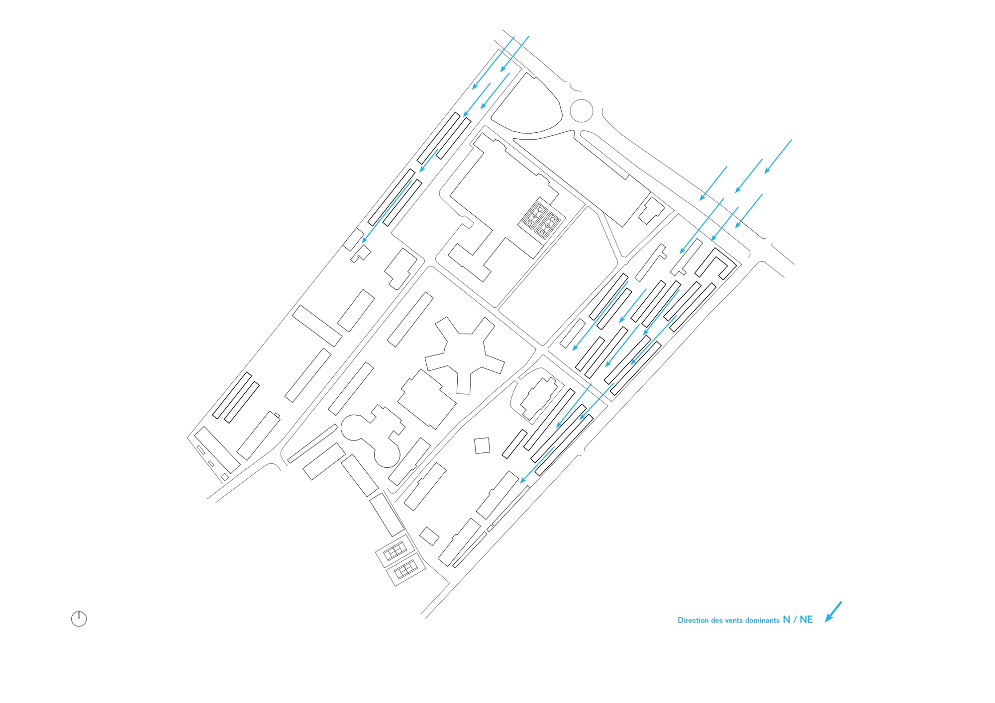 Site plan drawing with blue arrows showing north-northeast prevailing winds hitting rows of bar buildings, with a north arrow at lower left