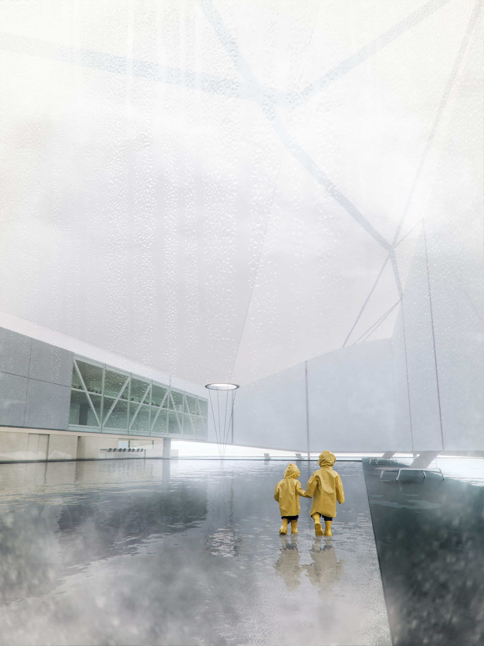 Two children in yellow raincoats holding hands and wading across a shallow pool beneath a translucent membrane roof in mist