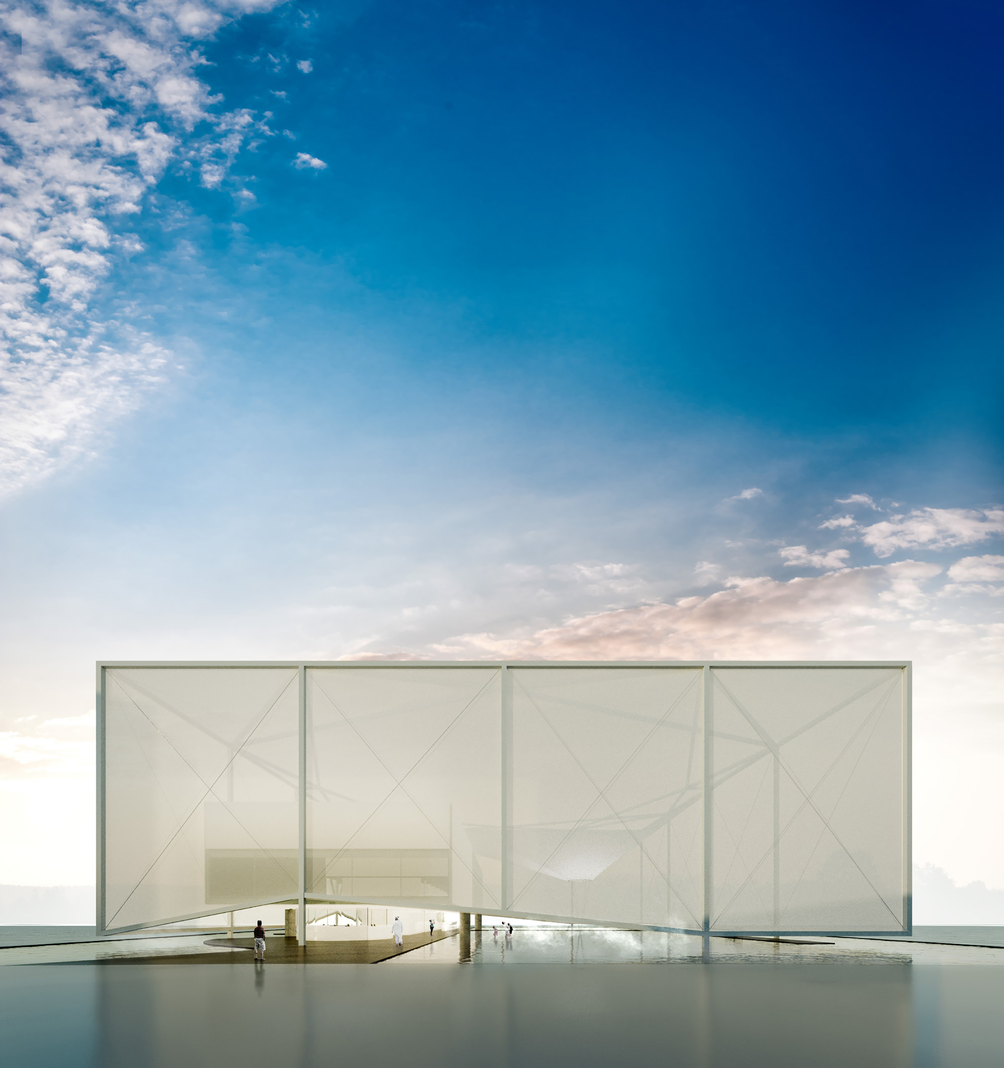 Front elevation of a boxy translucent pavilion with diagonal bracing, raised over a reflective pool beneath a blue dusk sky