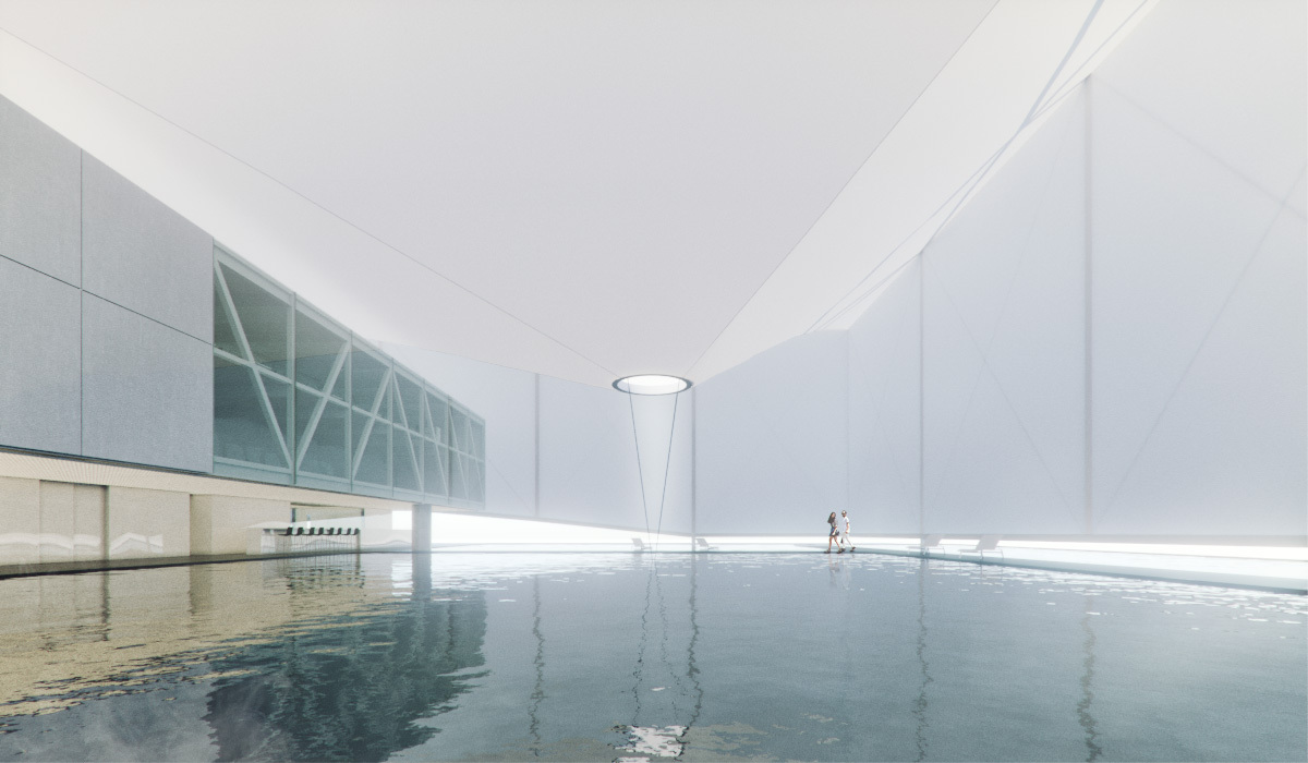 Wide view of the still pool inside the membrane enclosure, with a round skylight and a braced glass band on the left