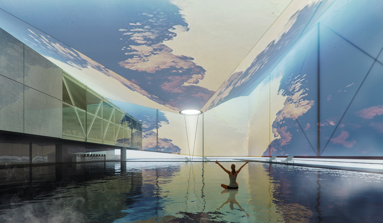 Woman sitting in the water with arms raised, cloud imagery glowing across the enclosure walls and ceiling at sunset