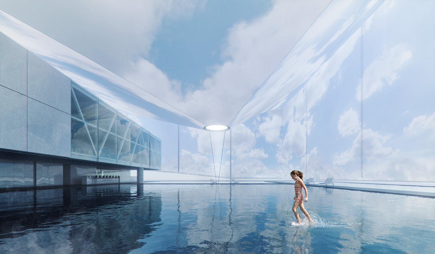 Girl in a patterned swimsuit splashing through shallow water as clear cloudy sky shows through the open enclosure and round skylight