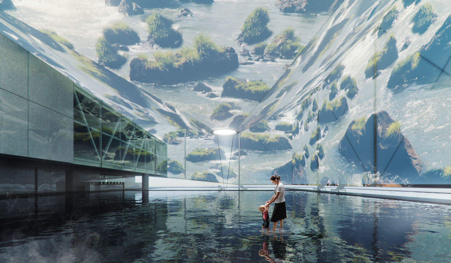 Rendering of a shallow reflecting pool where a woman steadies a toddler, beneath tilted walls printed with an aerial view of rocky islets