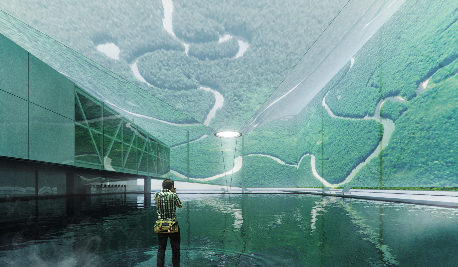 Rendering of a visitor photographing the pool and angled walls showing an aerial forest with winding rivers, under a circular skylight