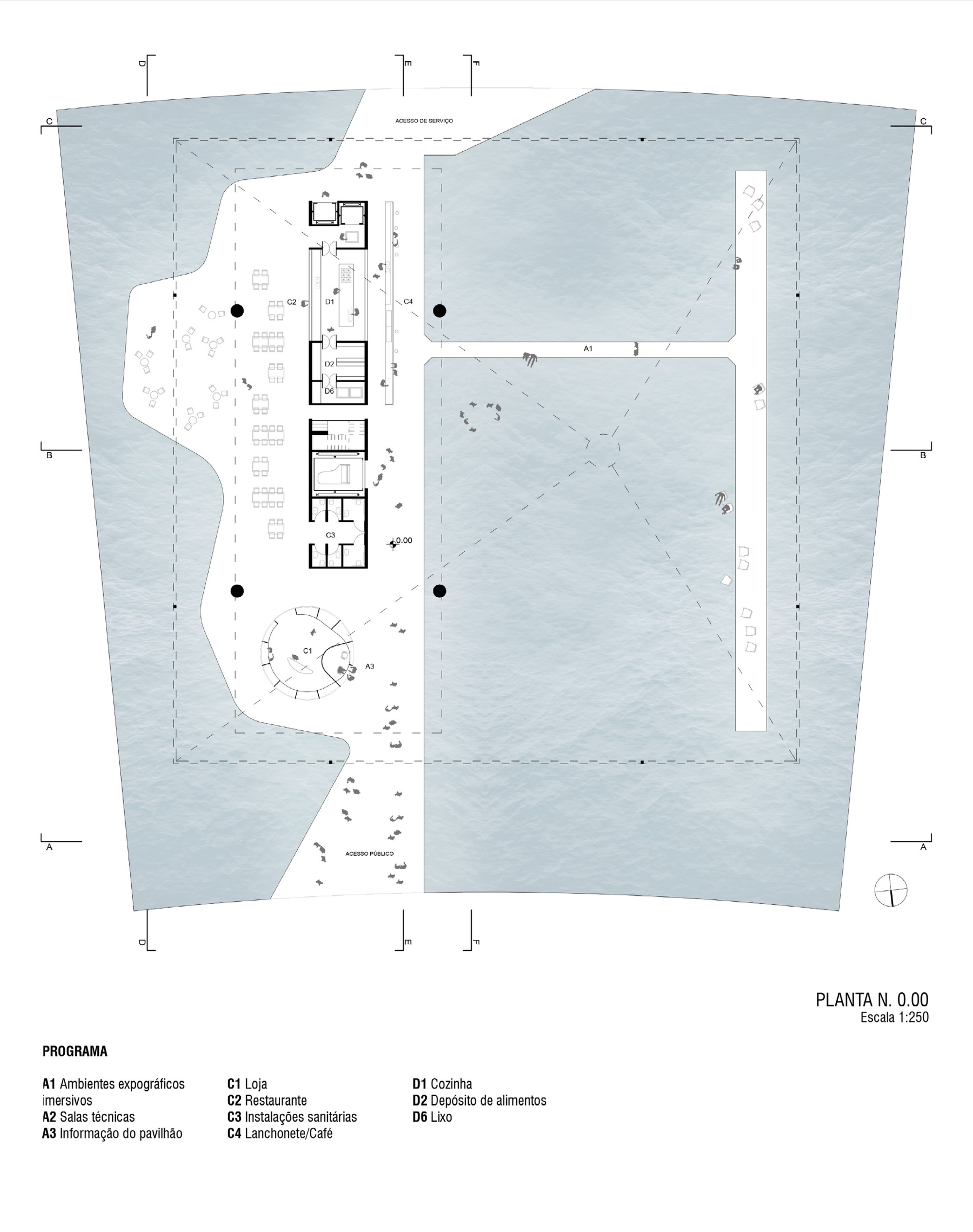 Ground floor plan drawing at 1:250 showing service core, restaurant tables, a circular info desk and a long walkway across water