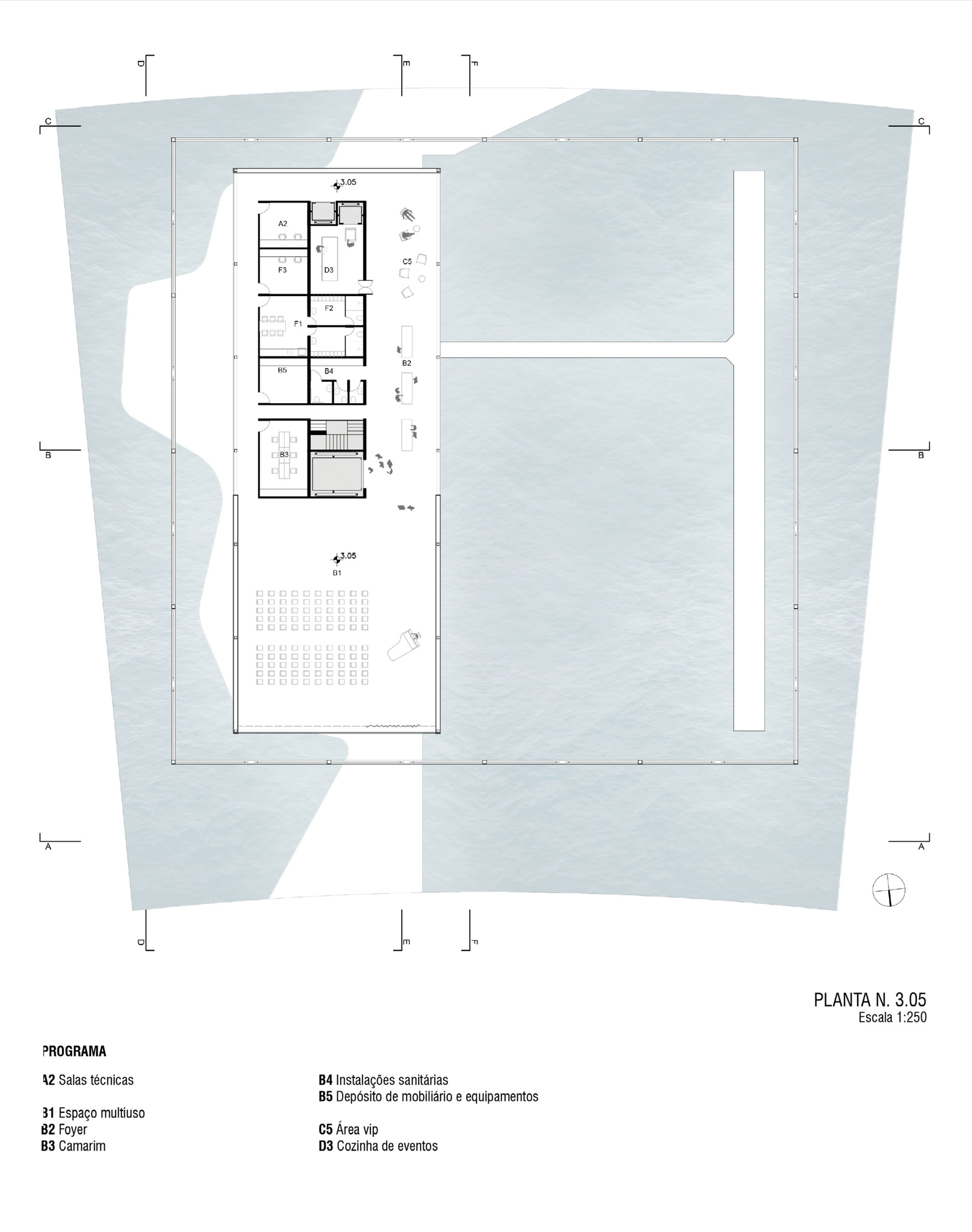 Plan drawing of the 3.05 level showing a central block of small rooms above a multipurpose hall with rows of seating