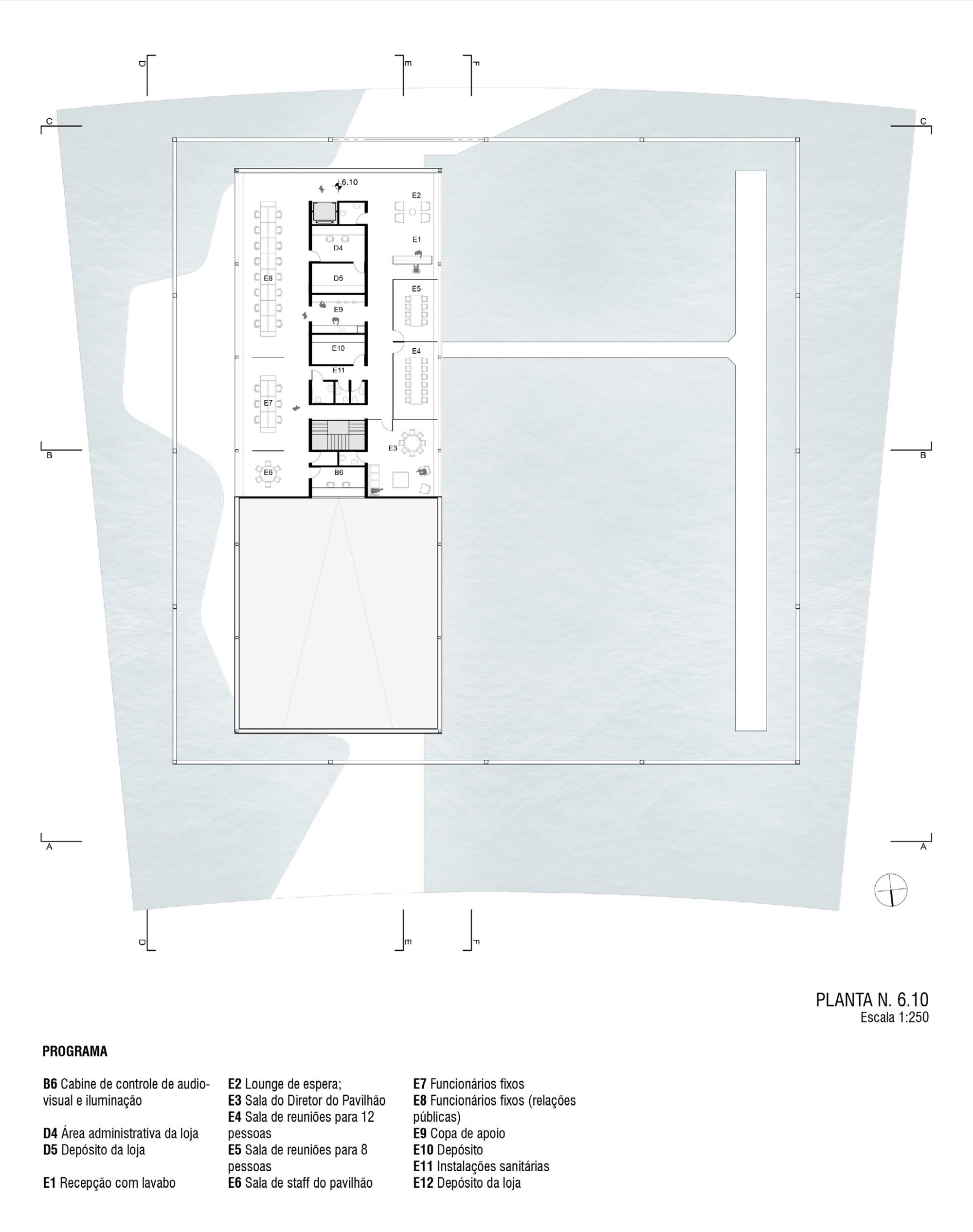 Plan drawing of the 6.10 level showing offices and meeting rooms beside a large open rectangular void with diagonal lines