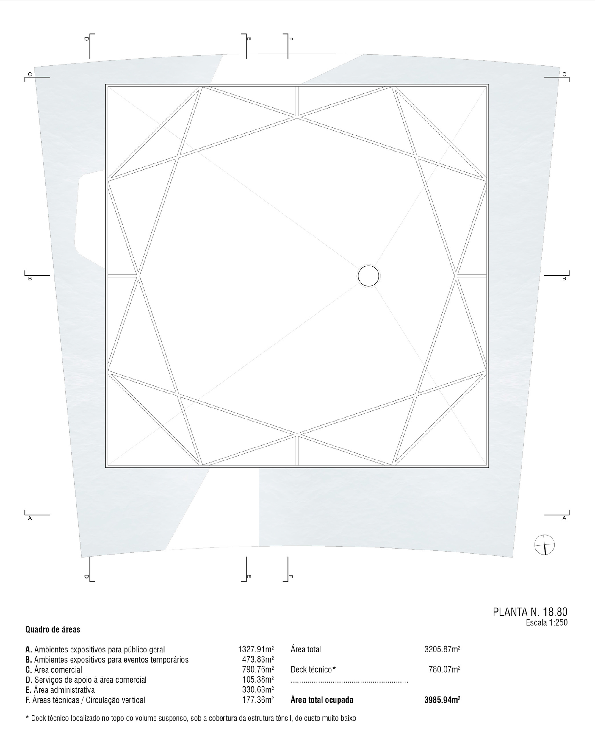 Roof plan drawing of the top level showing a square outline with a diamond-patterned structural grid and a circular opening, plus an area table