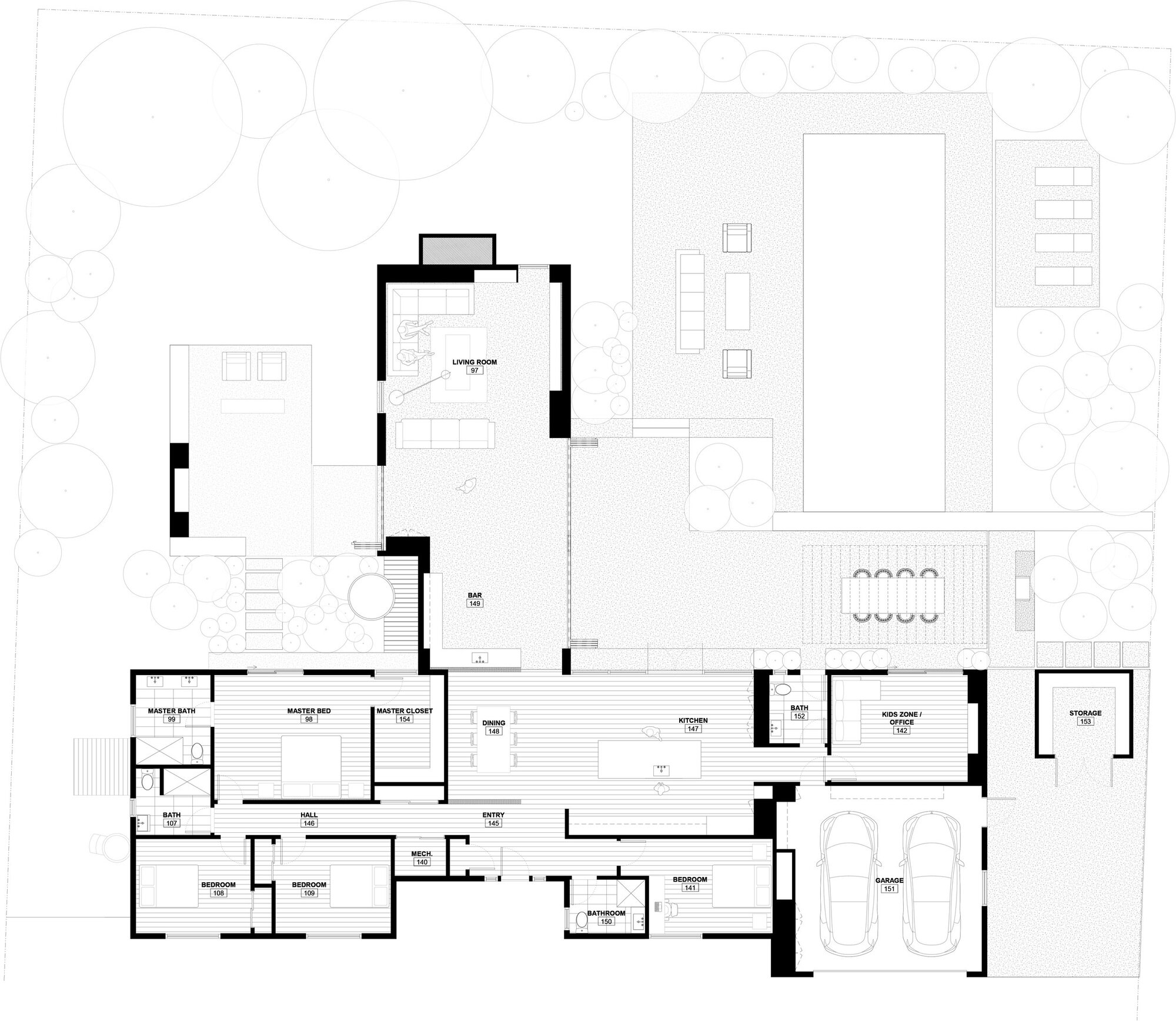 Site plan drawing of a single-storey house with a long bedroom wing, central kitchen, living room, garage, pool and surrounding trees