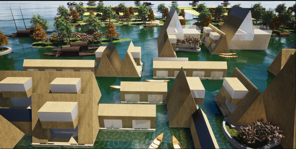 Aerial rendering of timber-clad gabled houses and flat-roofed blocks floating on green water, with small wooden boats moored between them. Image: 嵩琪 苑