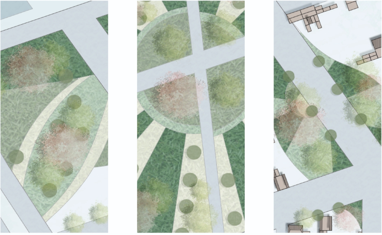 Three plan drawing details of planted park plots, with curved paths, radiating lawn strips and round tree canopies. Image: 嵩琪 苑