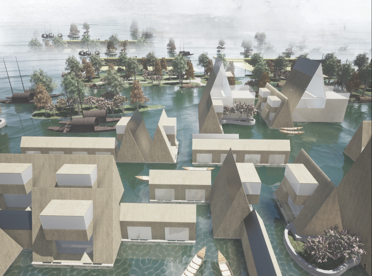 Misty aerial rendering of floating timber houses and tree-covered islets, with rowboats tied up in the foreground water. Image: 嵩琪 苑