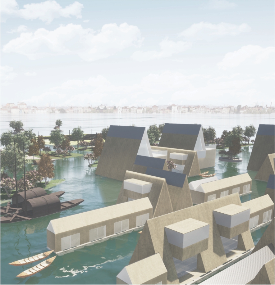 Rendering of pitched timber roofs with dark solar panels on the water, with a distant shoreline skyline under soft clouds. Image: 嵩琪 苑