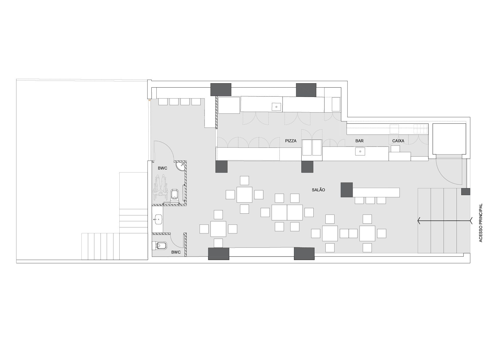 Floor plan drawing of a narrow restaurant showing the dining hall, pizza kitchen, bar, cashier, two restrooms and the entrance stair