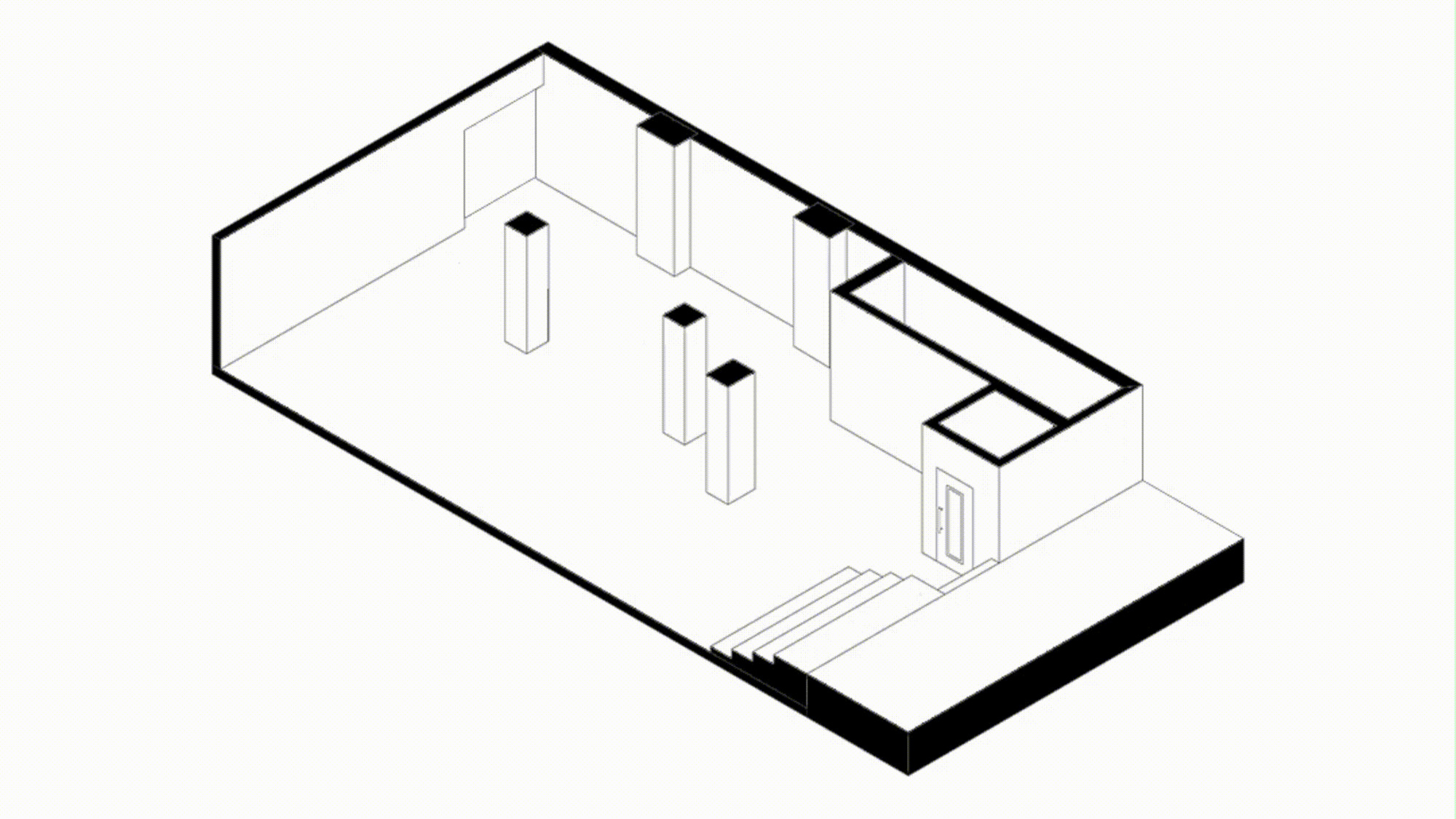 Isometric drawing of a rectangular room cut open to show freestanding columns, a small enclosed service volume with a door, and entry steps