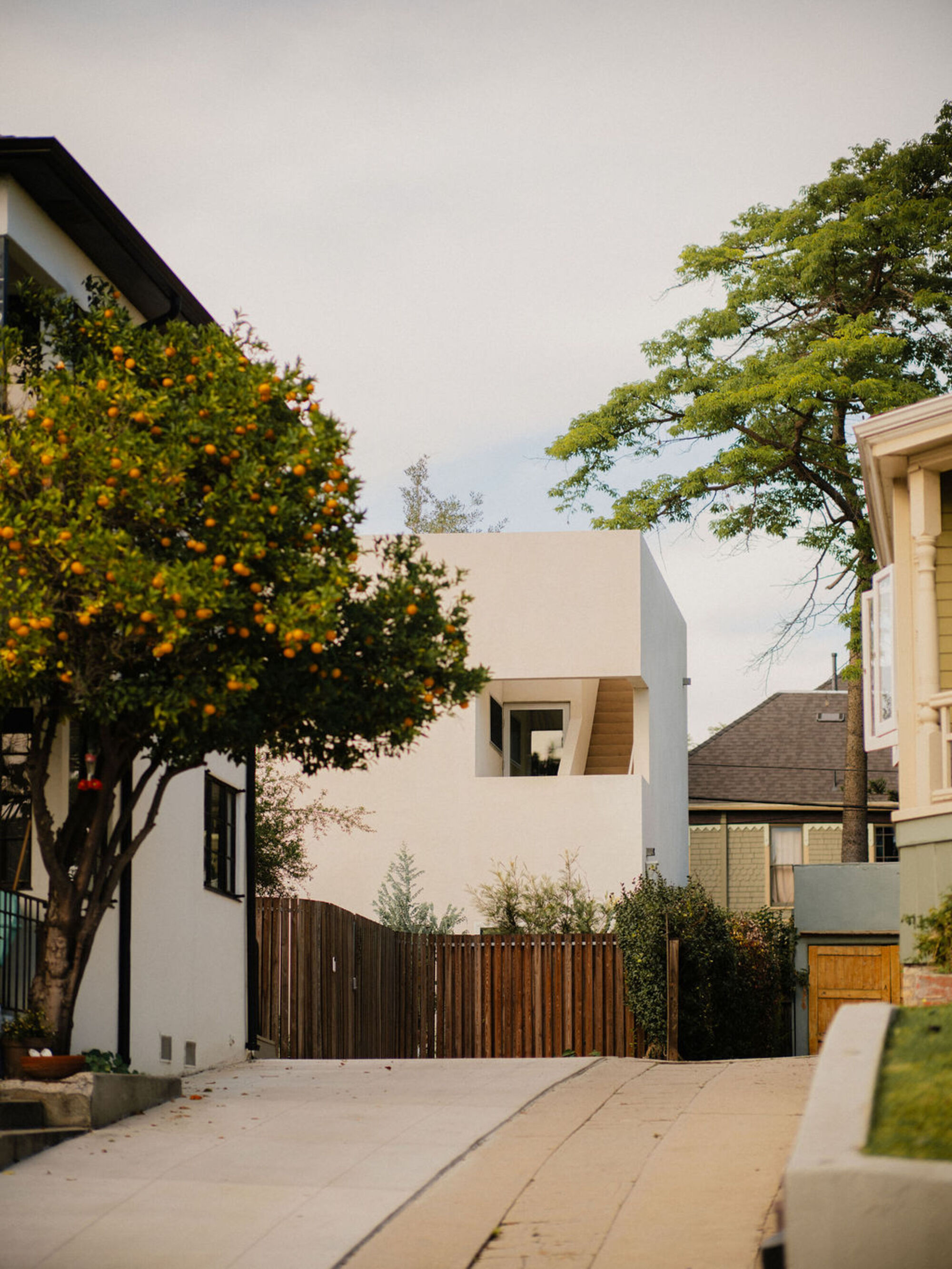 White stucco volume with a recessed upper window rising behind a timber fence and an orange tree in fruit