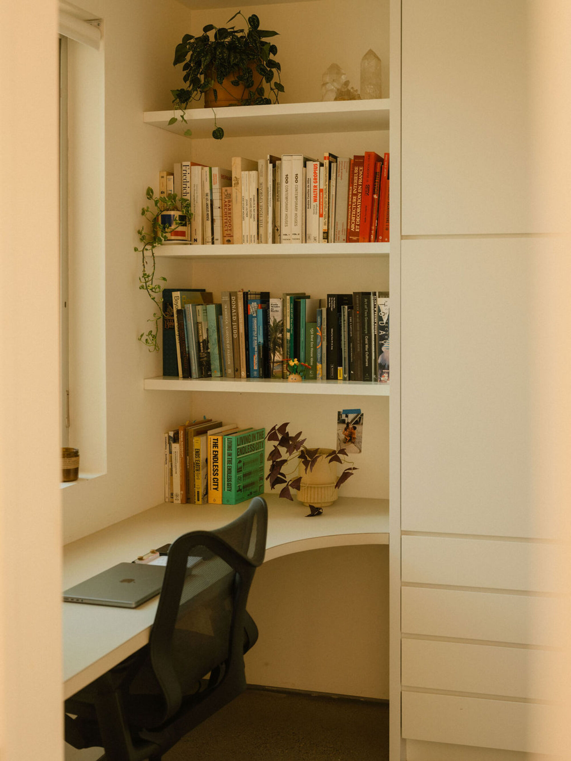 Corner desk with curved white worktop, open shelves of books and trailing plants beside tall white drawers in warm light