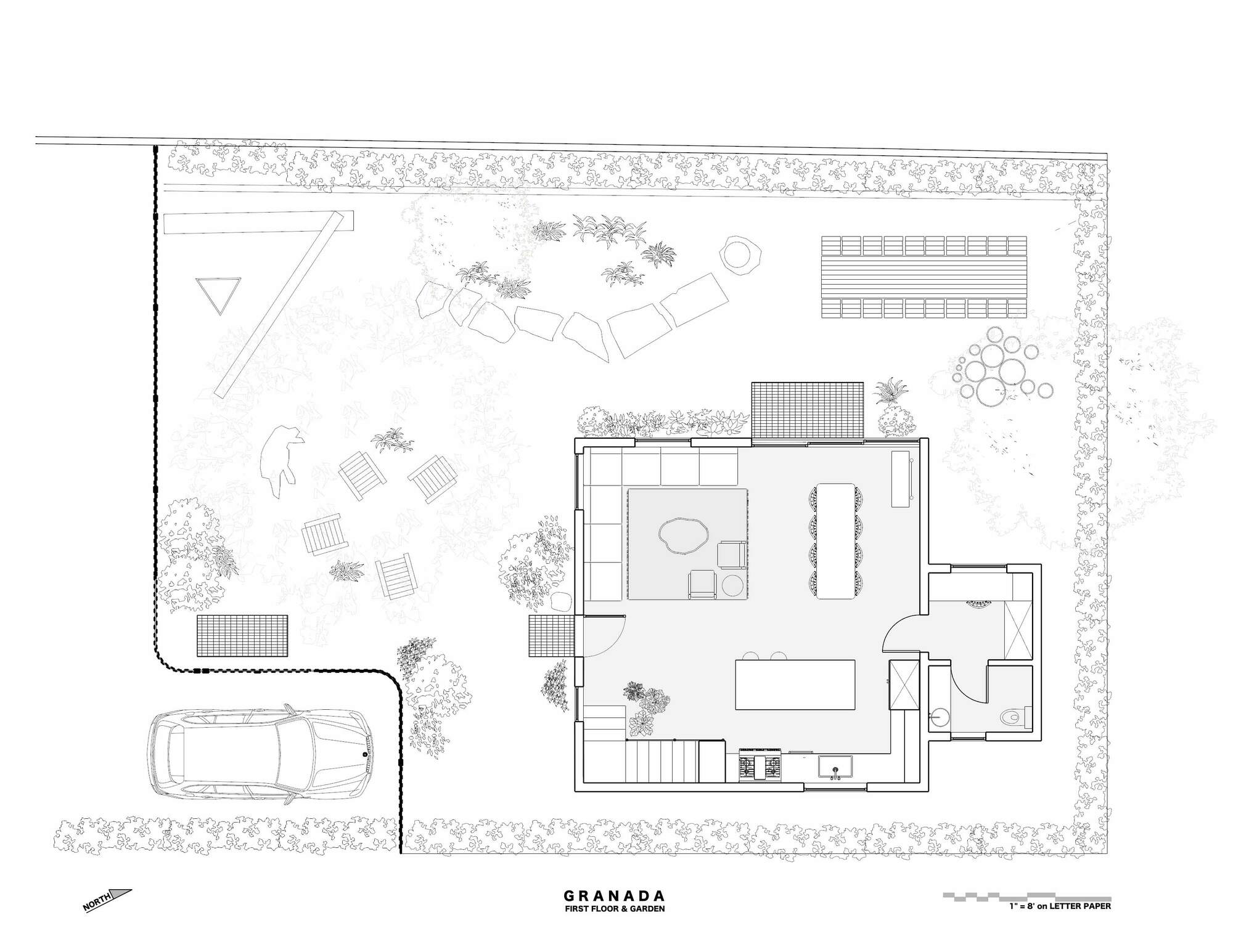 Site plan drawing of the ground floor and garden, showing room layout, a parked car, paths, seating and planted borders