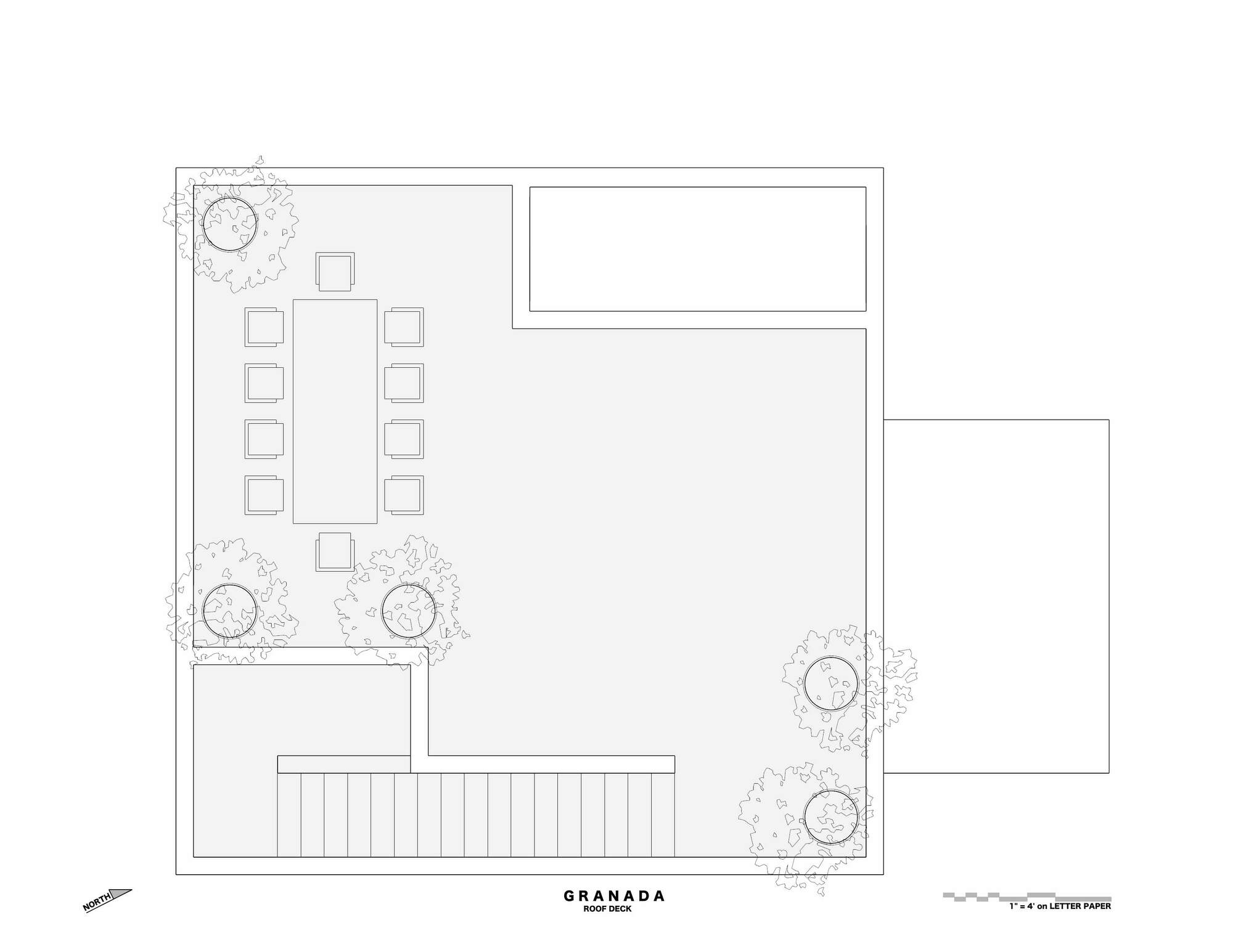 Roof deck plan drawing showing a long dining table with ten chairs, potted trees at the corners and a stair