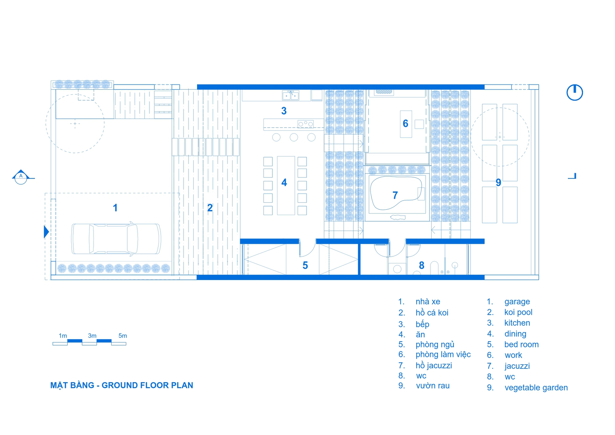 Ground floor plan drawing showing garage, koi pool, kitchen, dining, bedroom, work room, jacuzzi and vegetable garden in a long rectangular layout
